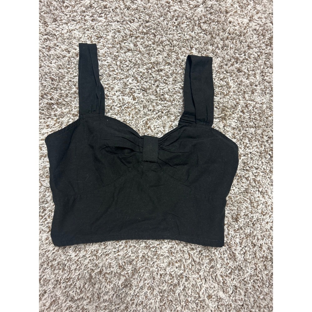 Midnight Sky Womens Black Bow Front Smocked Back Linen Blend Crop Top Small